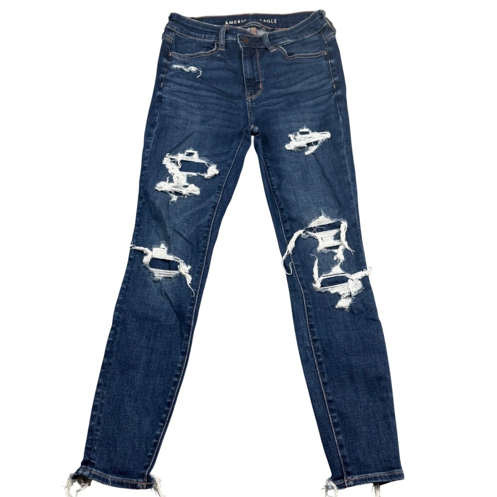American Eagle High Rise Jegging Next Level Stretch Distressed Dark Wash 2 Short